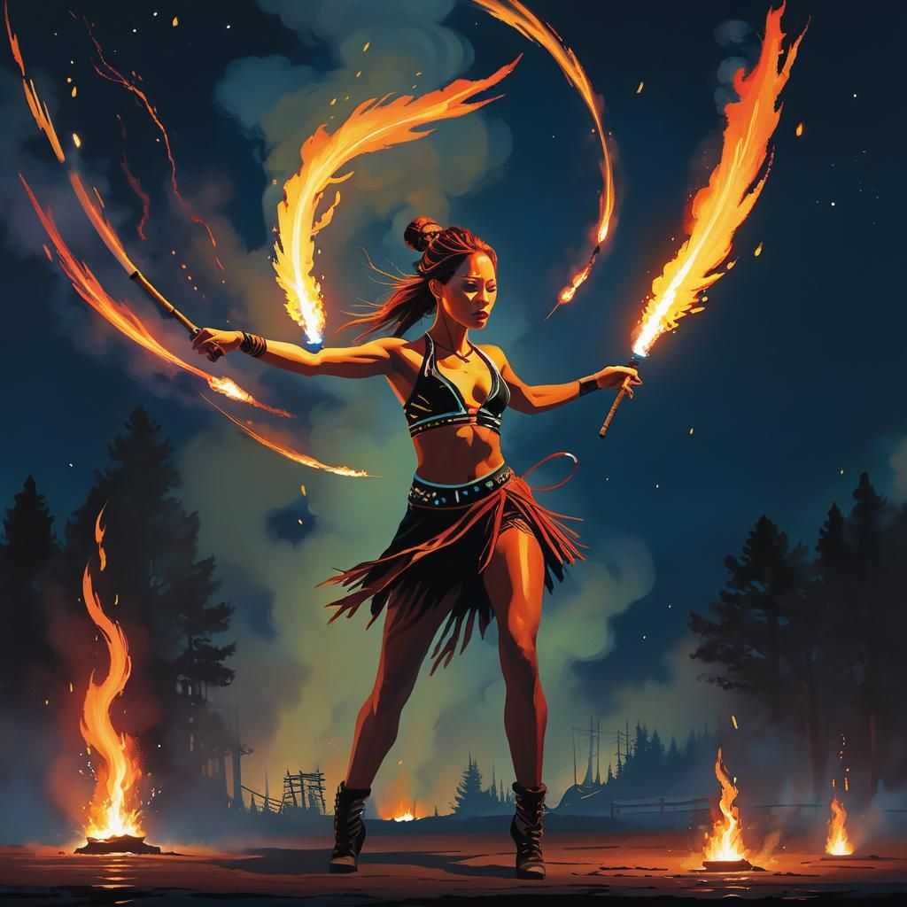 Mesmerizing Fire Dancer in Retro-Futuristic Style