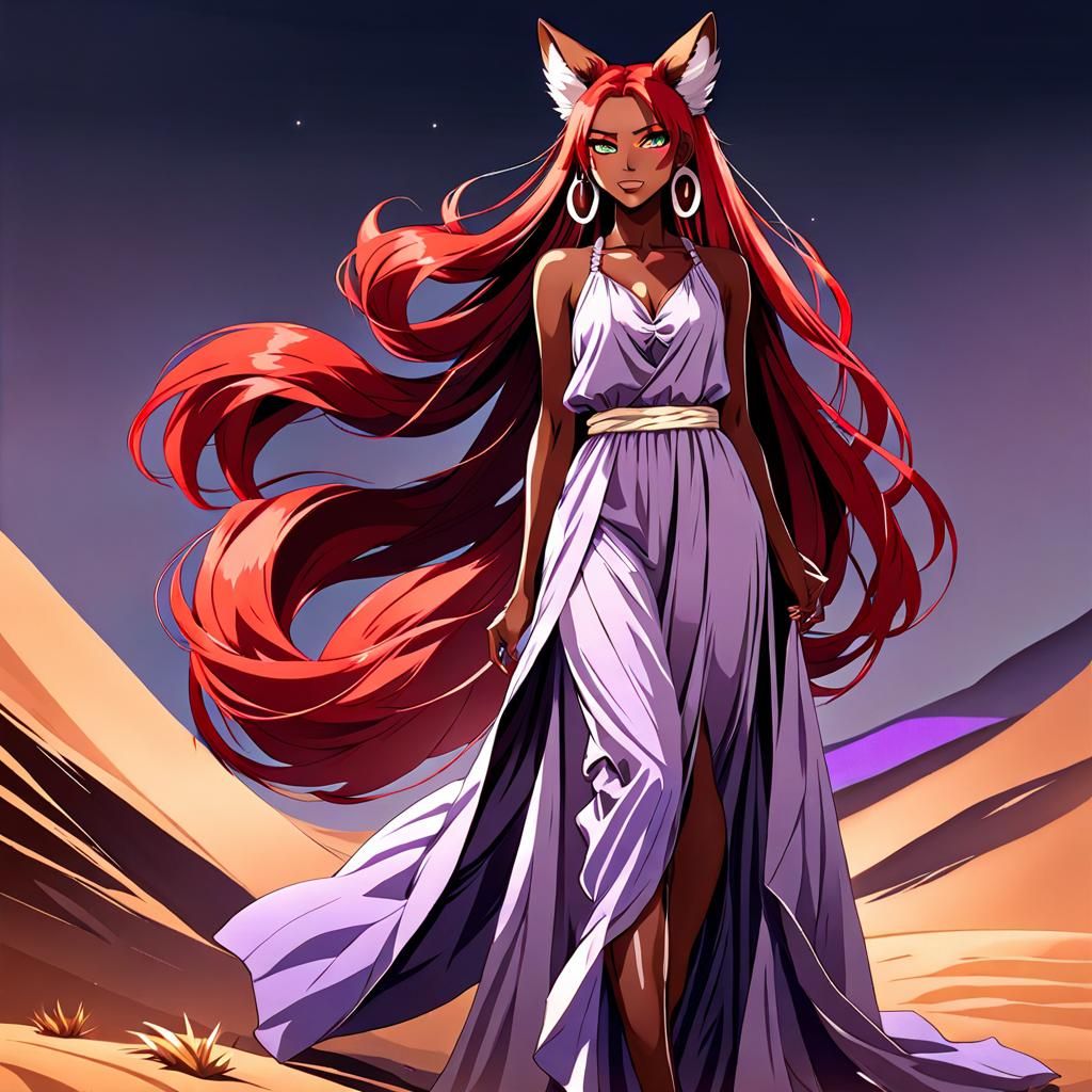 Anime Woman with Red Hair, Wolf Tail and Ears