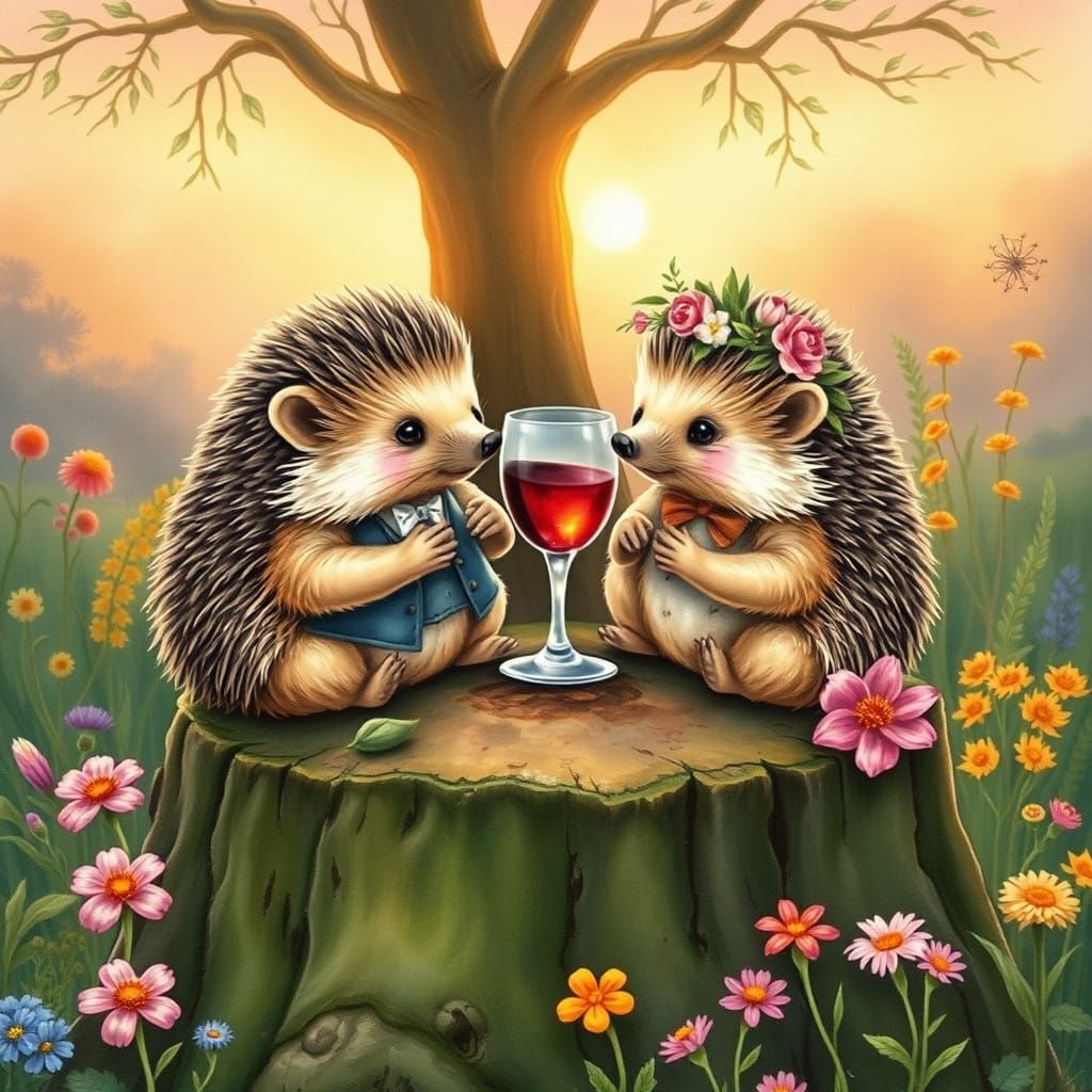 Whimsical Hedgehogs Savor Wine in Enchanted English Countrys...