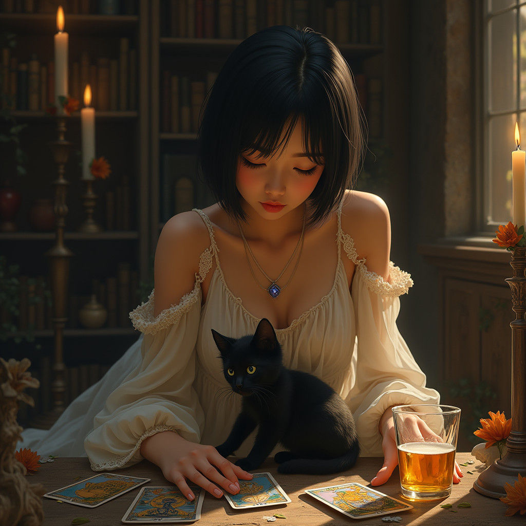 Mystical Tarot Reader with Kitten, Digital Painting