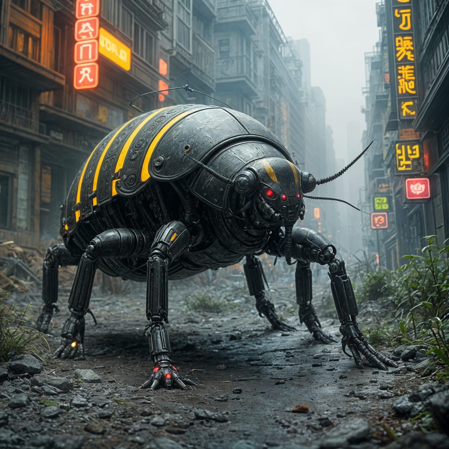 Cyberpunk Scarab Beetle in Bioluminescent Cityscape