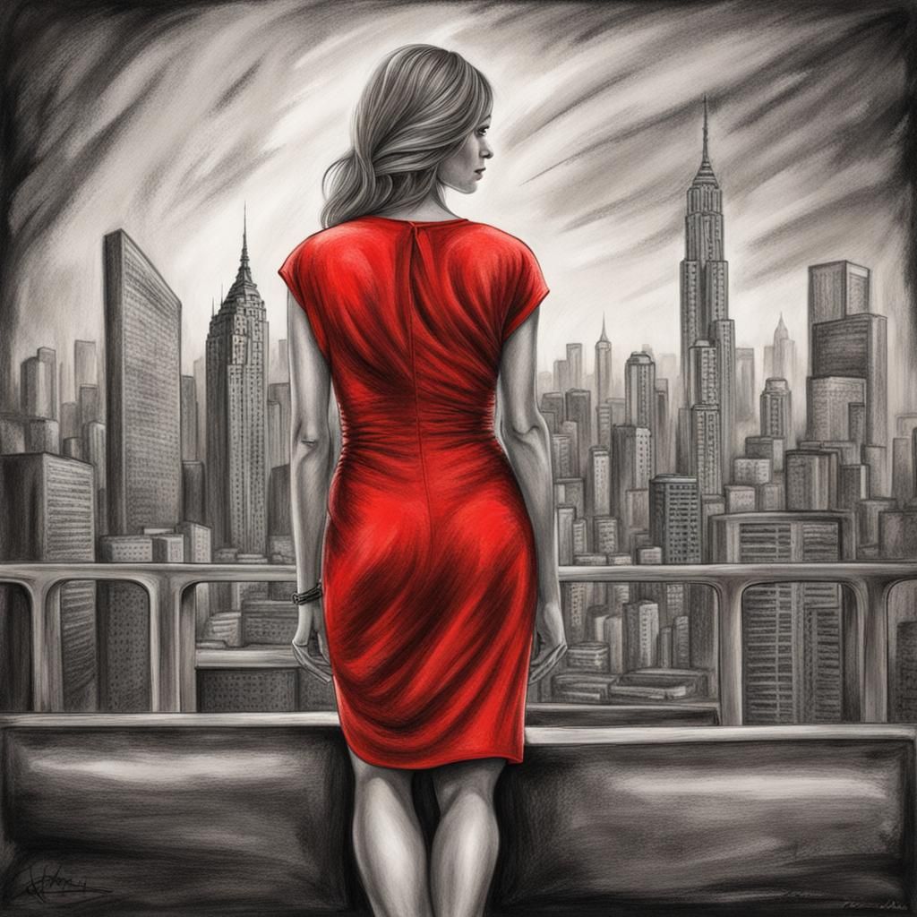 Woman in Red Dress: Hyperdetailed Charcoal Drawing