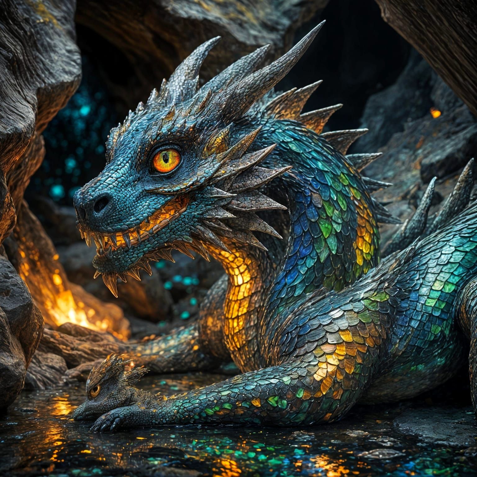 Majestic Dragon Mosaic Amidst Iridescent Stones