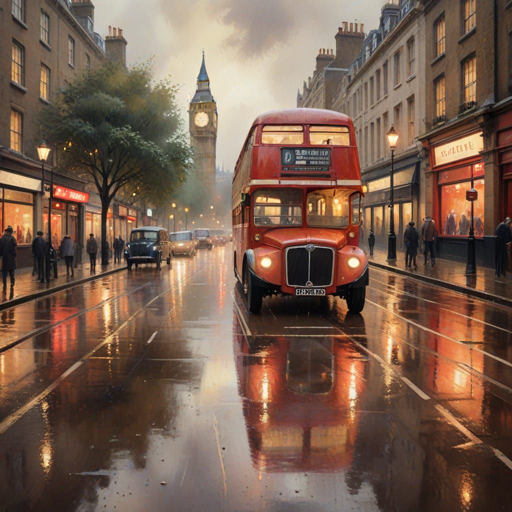 London Double-Decker Bus in Rainy Streets