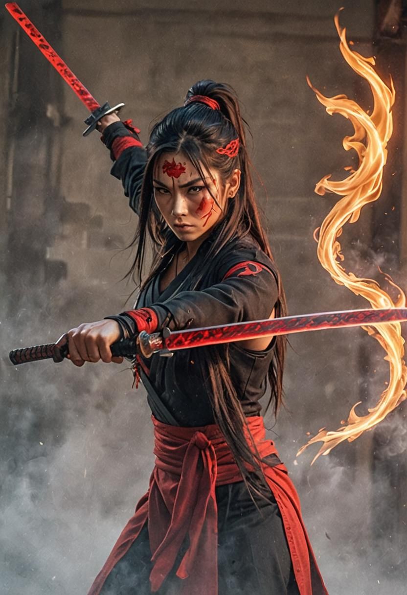 Cinematic Ninja Woman with Flaming Blade