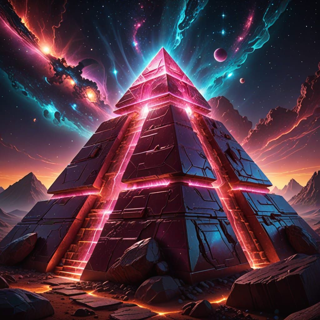 Cosmic Ruby Pyramid in Hyper-Realistic Sci-Fi Art