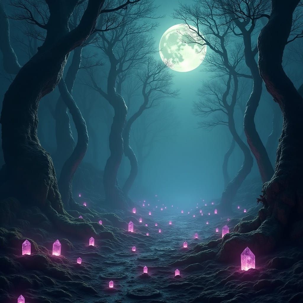 Ethereal Crystals in a Moonlit, Ancient Forest