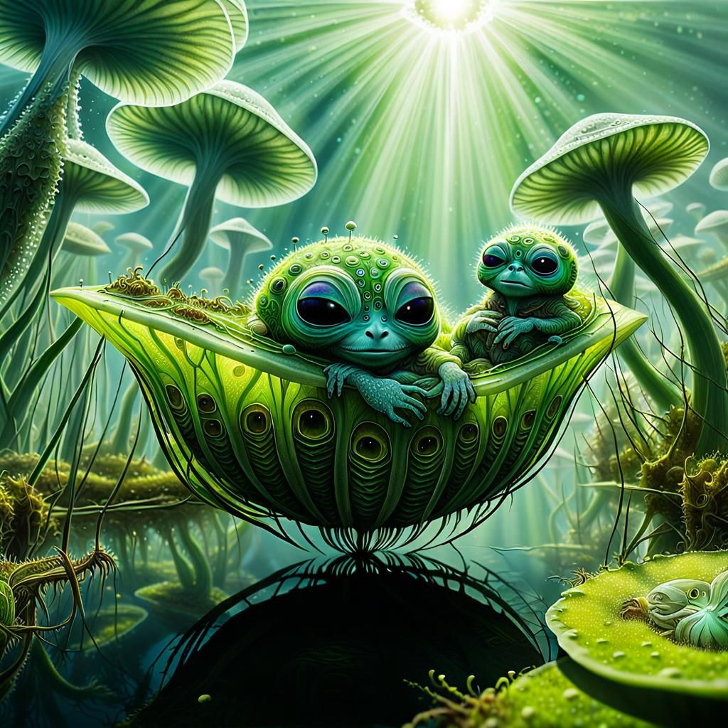 Alien Mother and Baby on River in Fairy-Tale Style