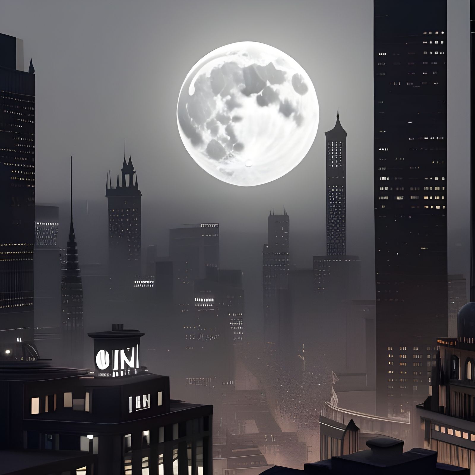 1920s Film Noir Cityscape Under Full Moon