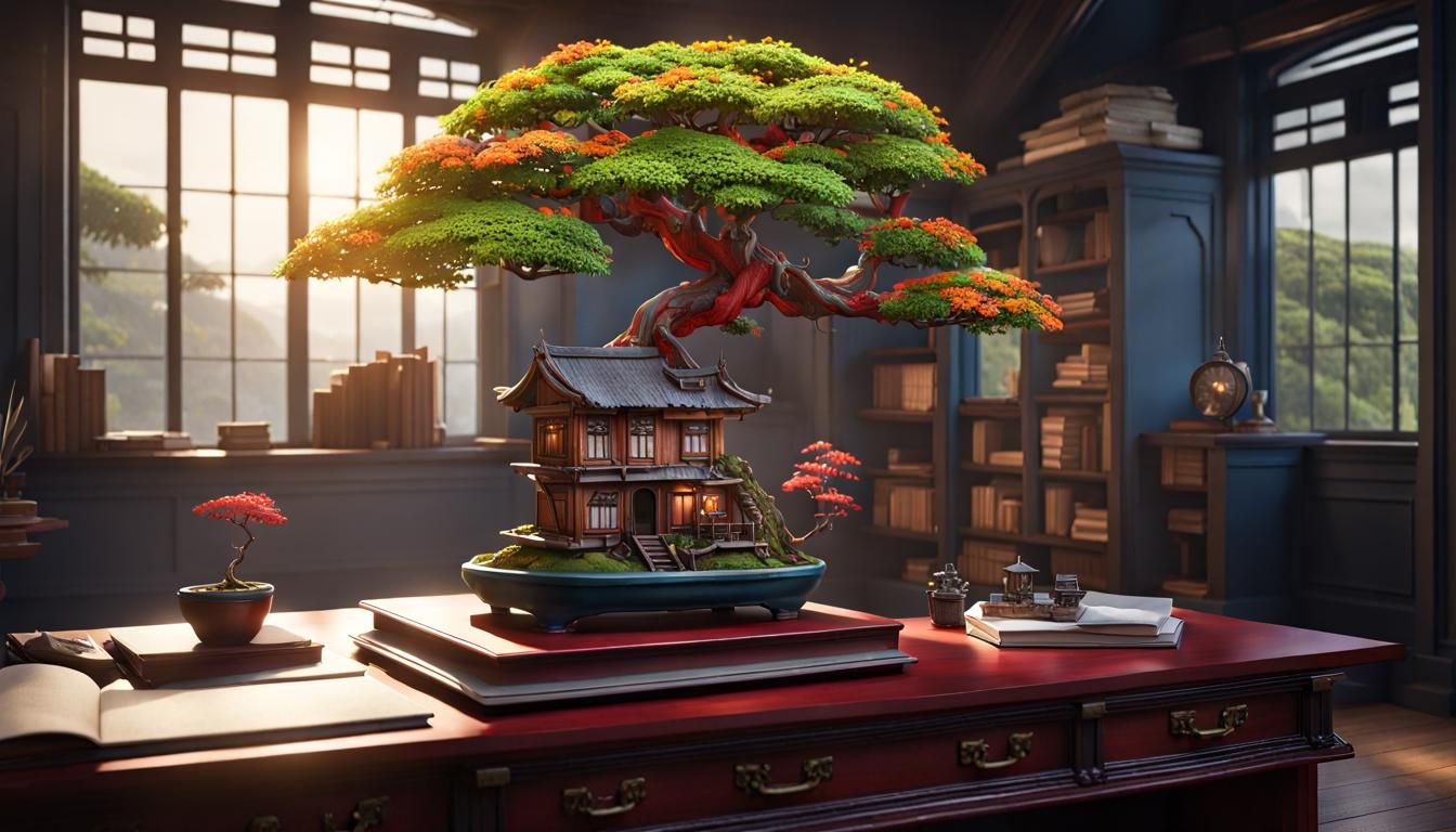 Flowered Flamboyan Bonsai Treehouse on Office Desk