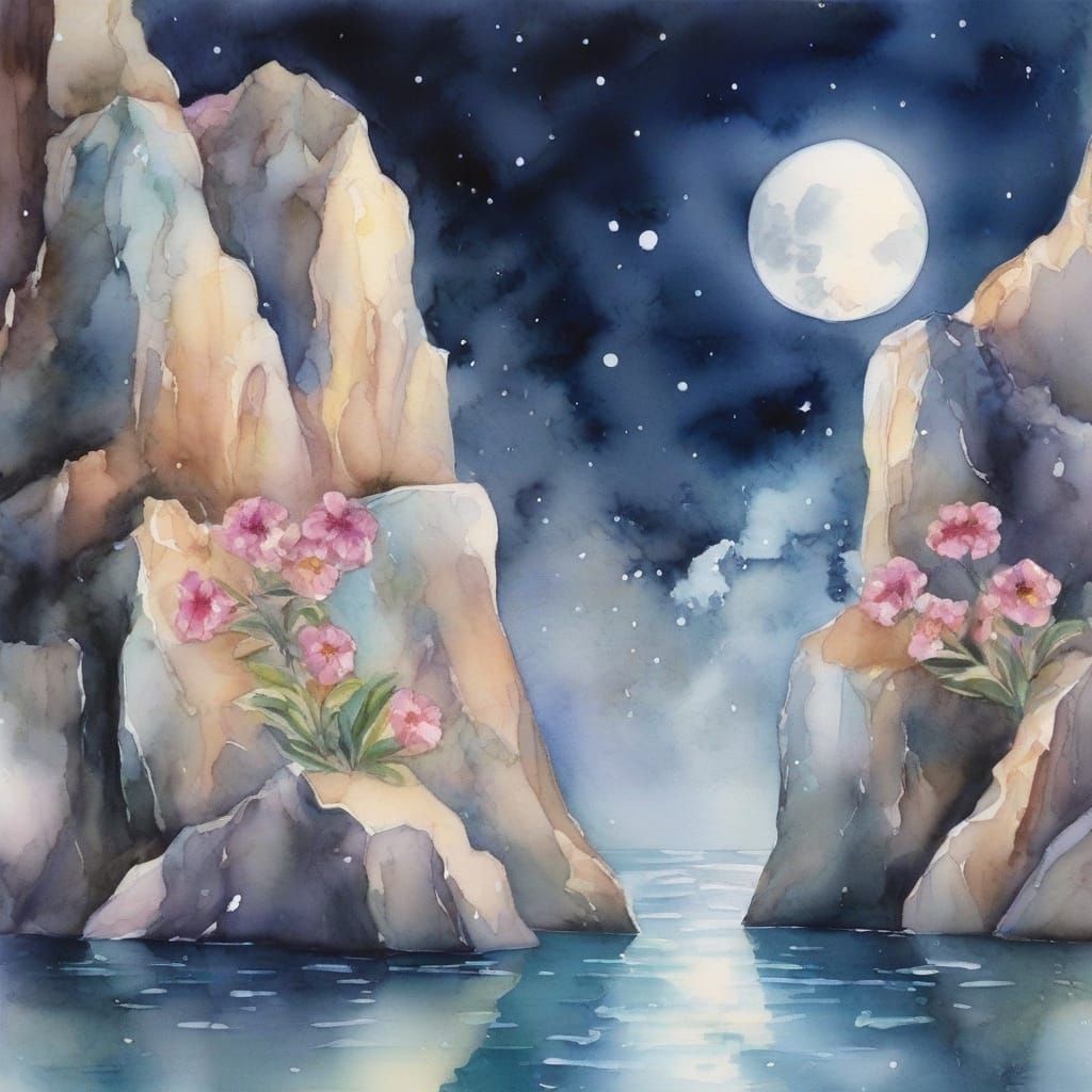 Watercolor Geode on Flower Cliff Under Full Moon