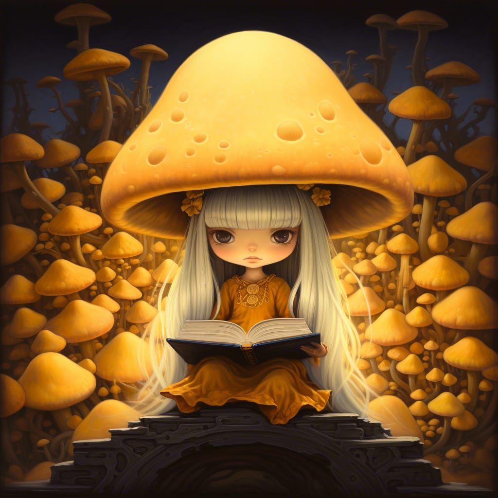 Girl Reading by Mushrooms in Mystical Hopi Art