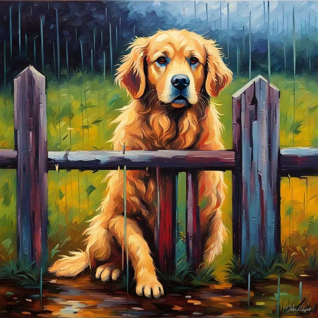 Soaked Golden Retriever looking sad waiting by an old wood f...