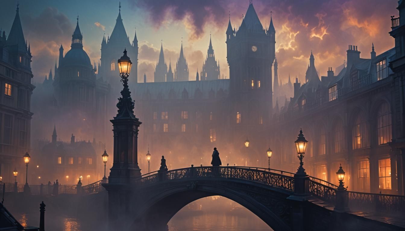 Mystical Victorian London Bridge in Dark Fantasy Style