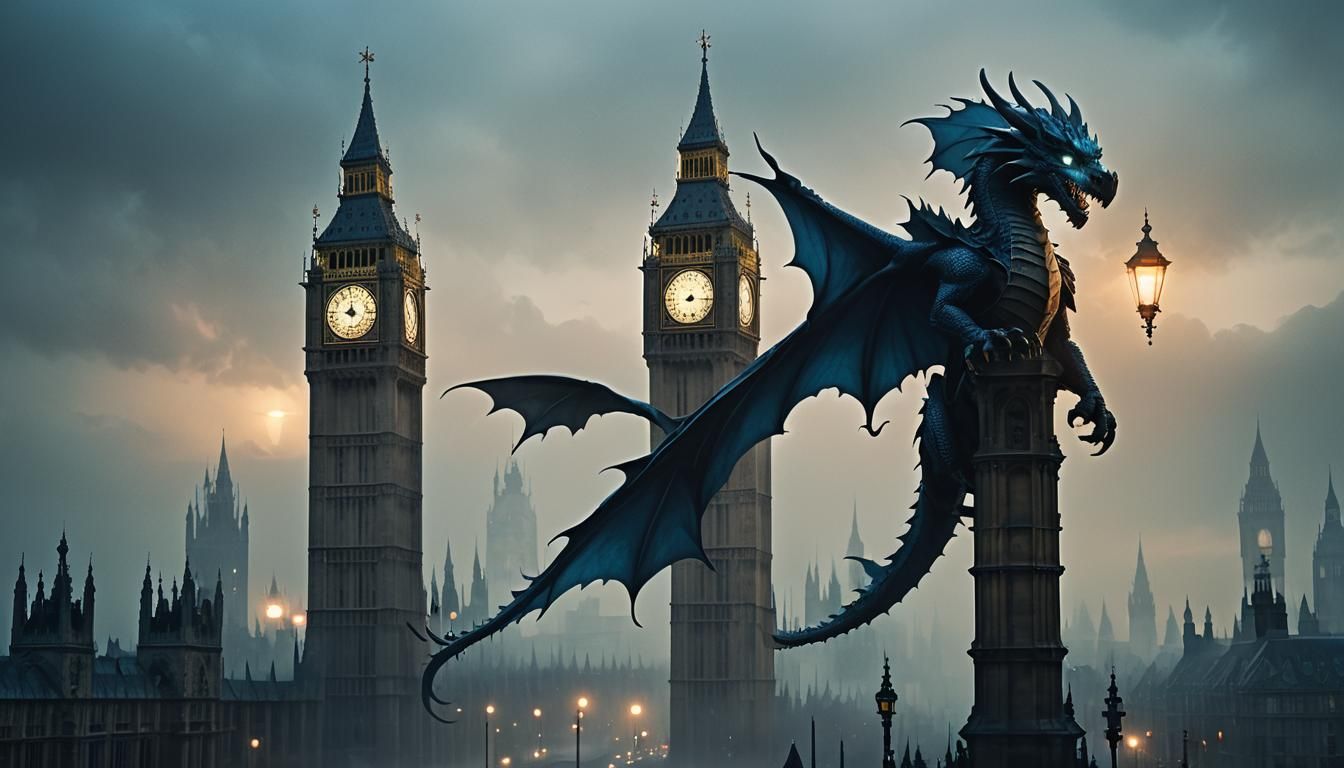 Gothic Dragon Perched on Big Ben in London