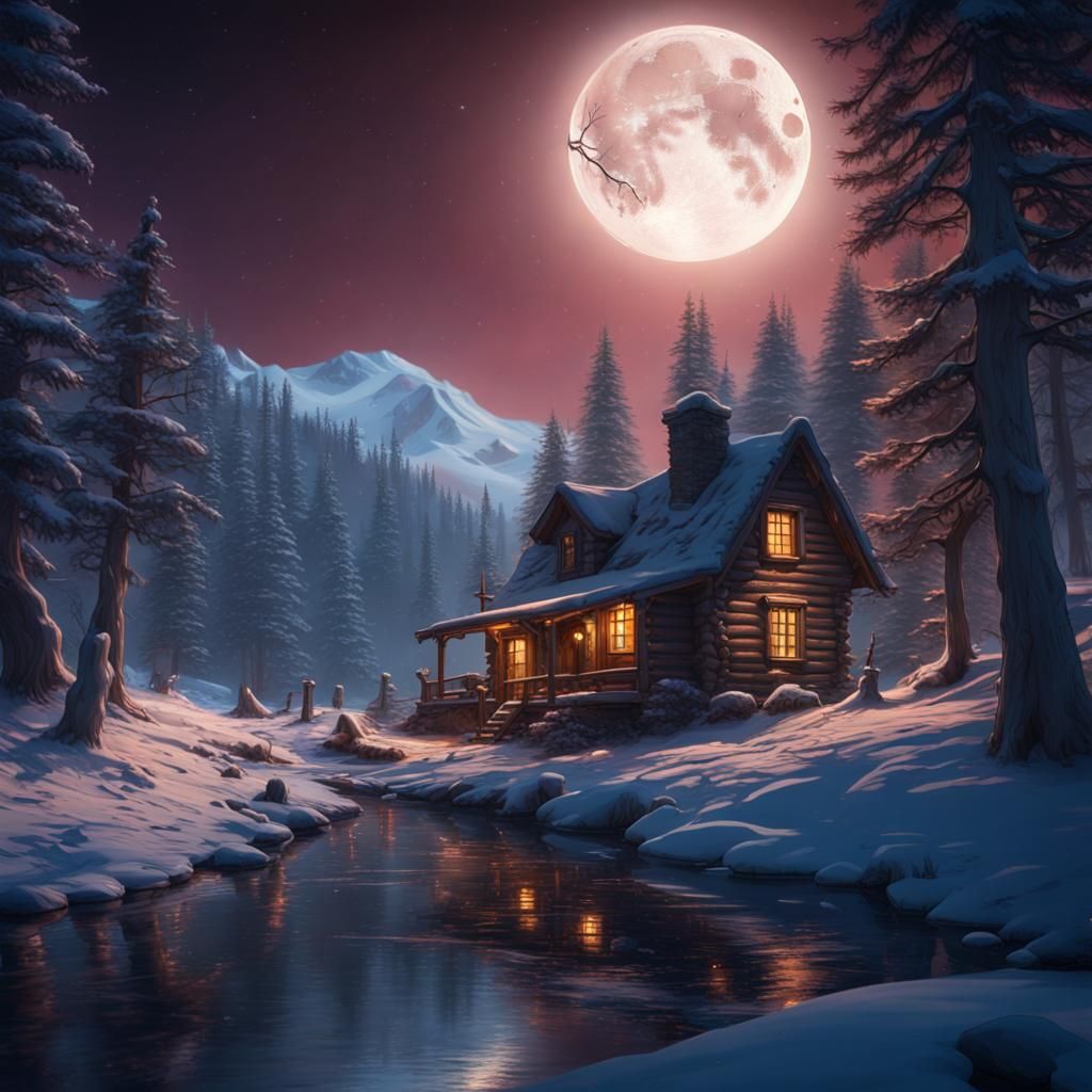 Winter Cabin Under Moonlight: Detailed Matte Painting