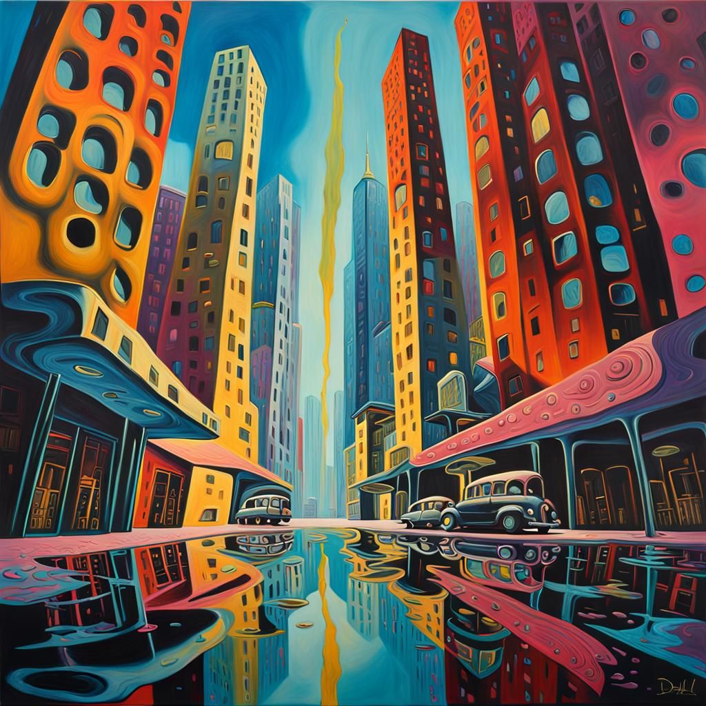 Surreal Cityscape in Salvador Dali Oil Painting Style