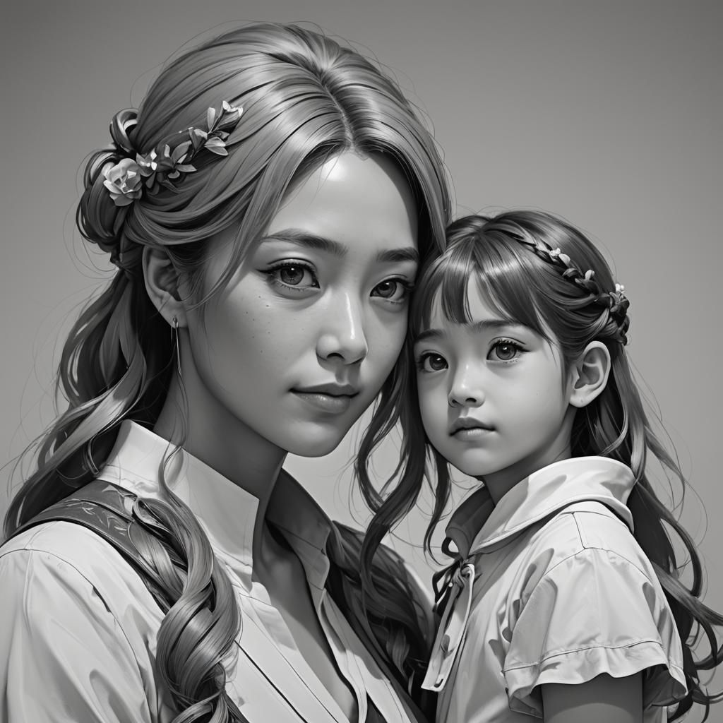 Monochrome Portrait of Mother and Daughter in Anime Style
