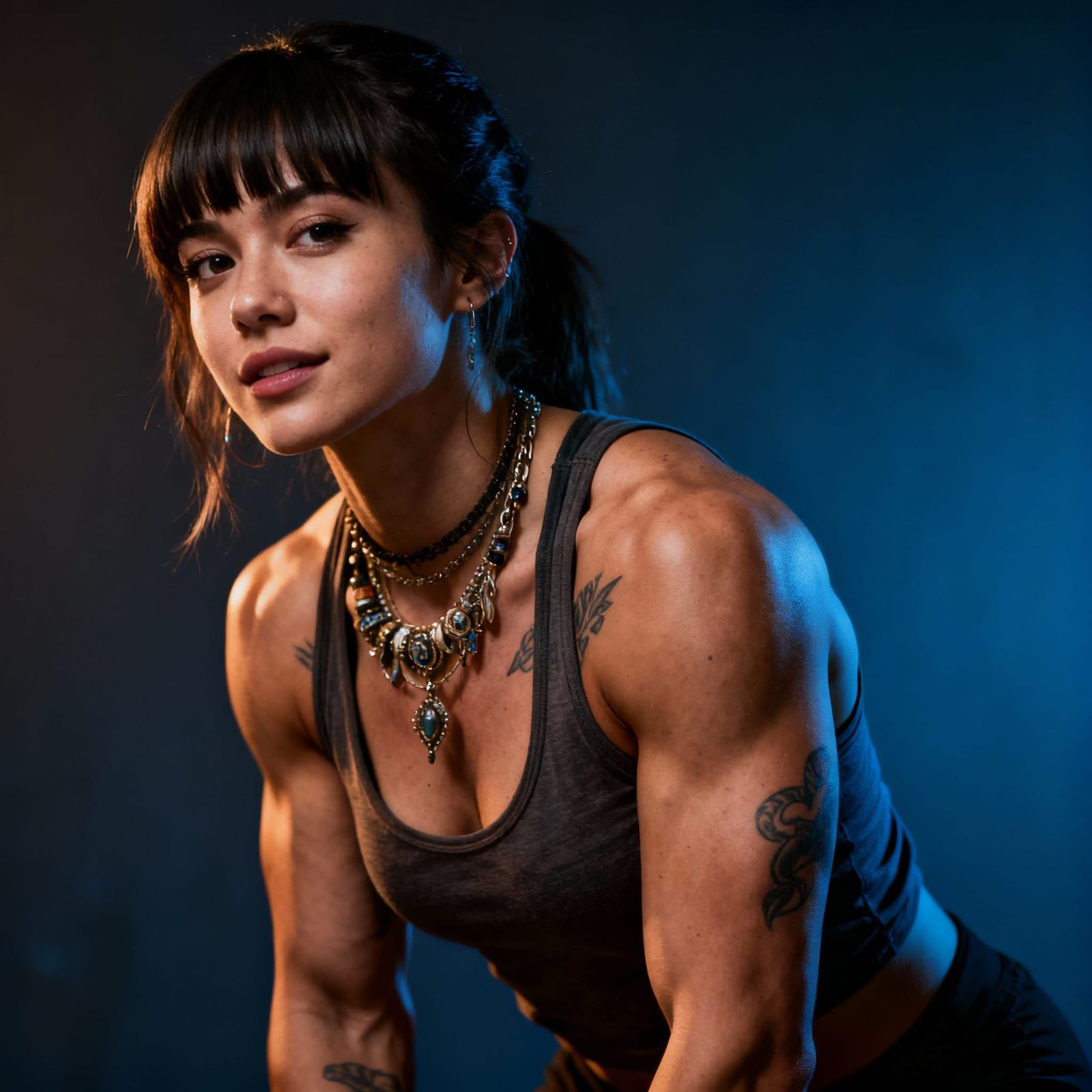 Woman Athlete with Tattoos and Jewelry, Dramatic Lighting