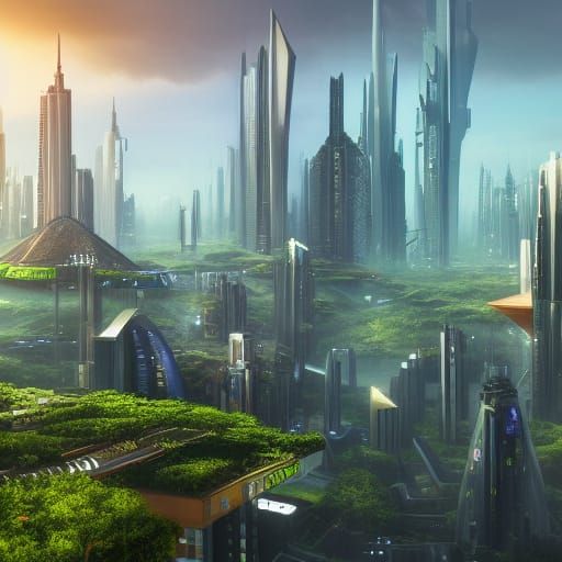 Futuristic Green Metropolis: Detailed Matte Painting