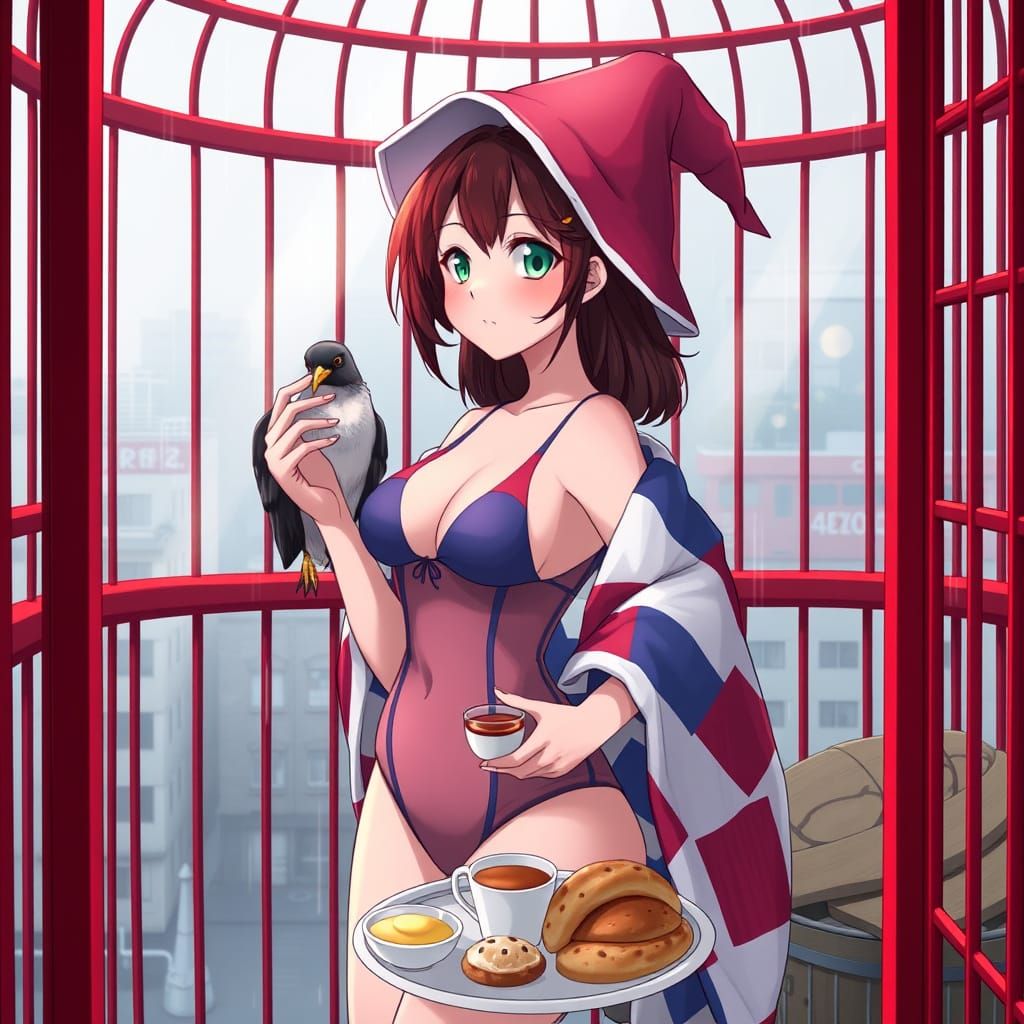 Whimsical Anime Woman in Red and Blue Cage with Witches Hat ...
