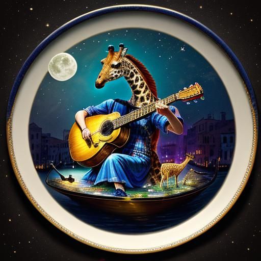 Giraffe's Moonlit Serenade in Venice: Astral Illustration