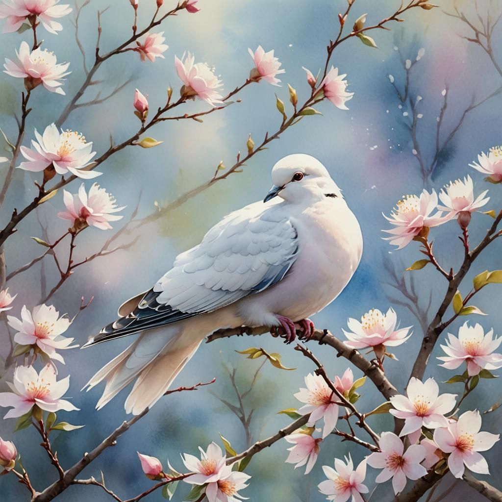 Dove on Blossoming Branch Watercolour Painting