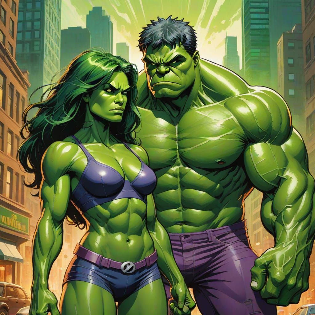 Hulk and She-Hulk in Comic Book Art Style