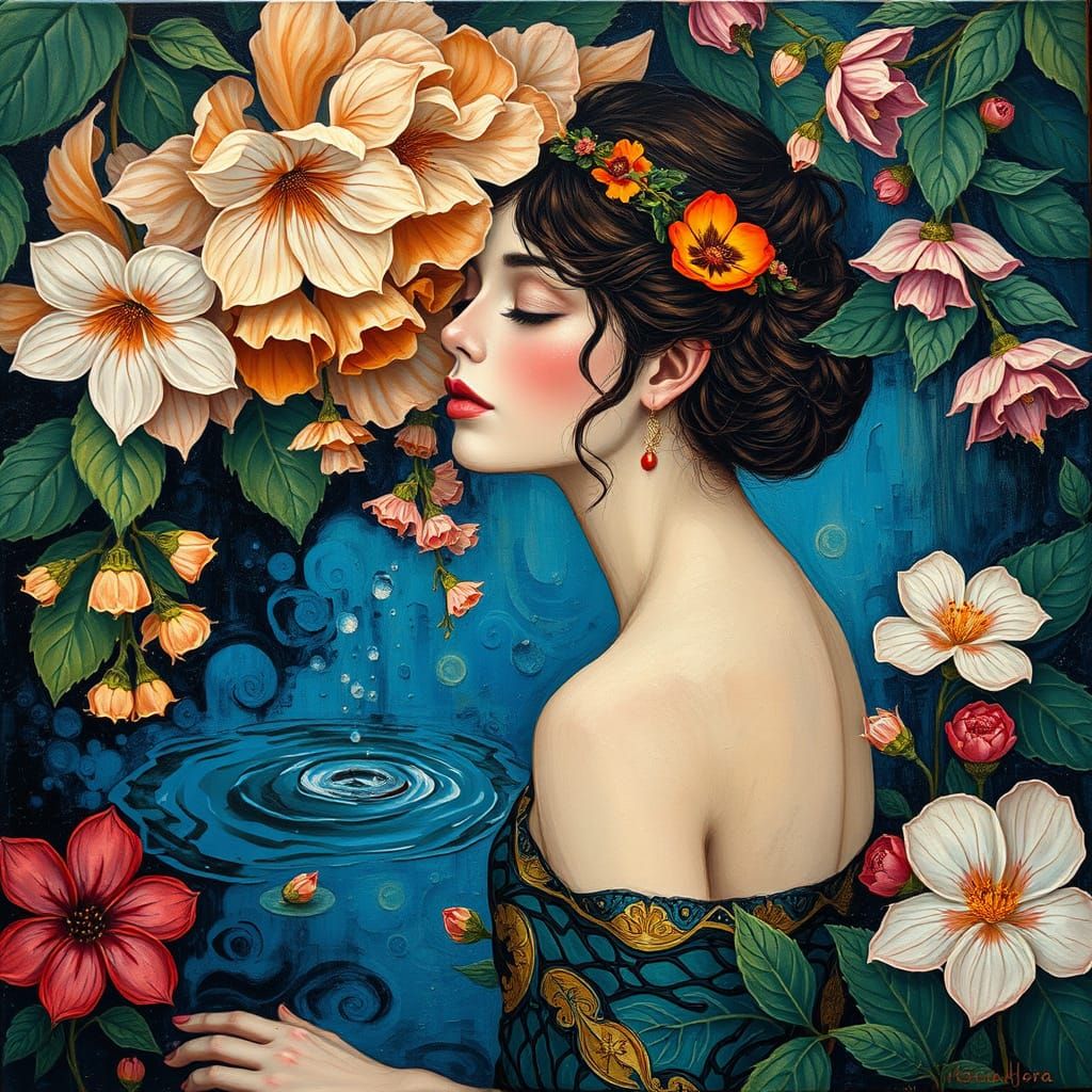 Woman Surrounded by Flowers in Klimt Style