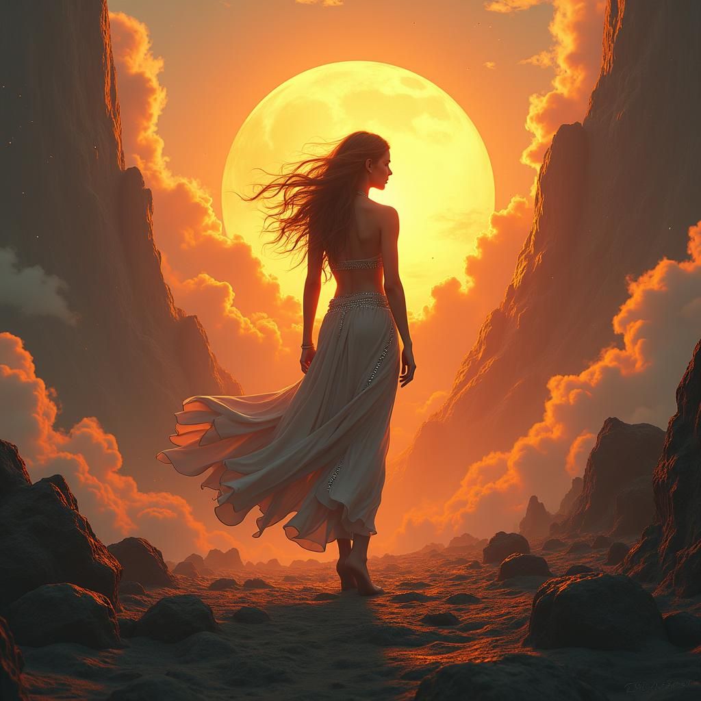 Fantasy Woman in Golden Light, Matte Painting Style