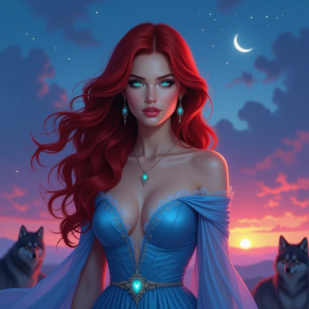 Woman with Red Hair and Turquoise Eyes in Celestial Gown