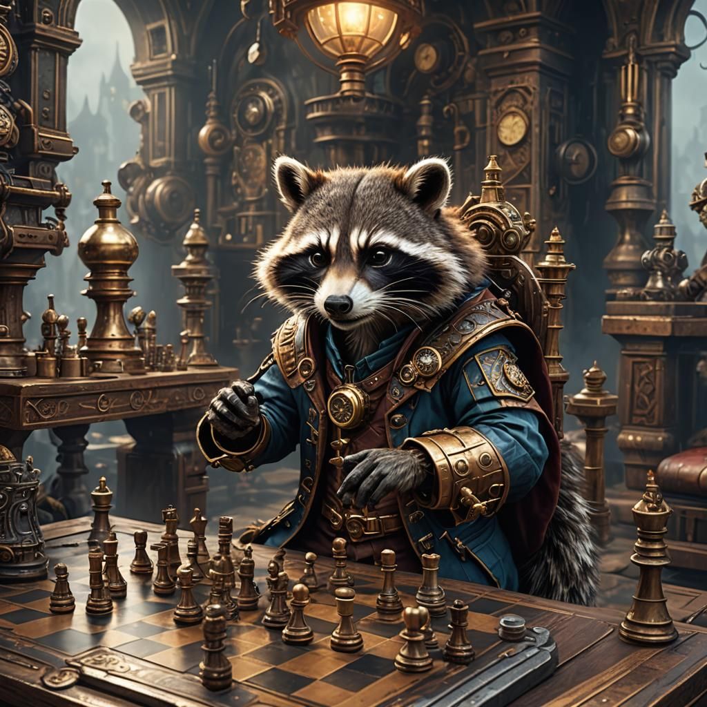 Steampunk Raccoon Plays Chess: Detailed Fantasy Art