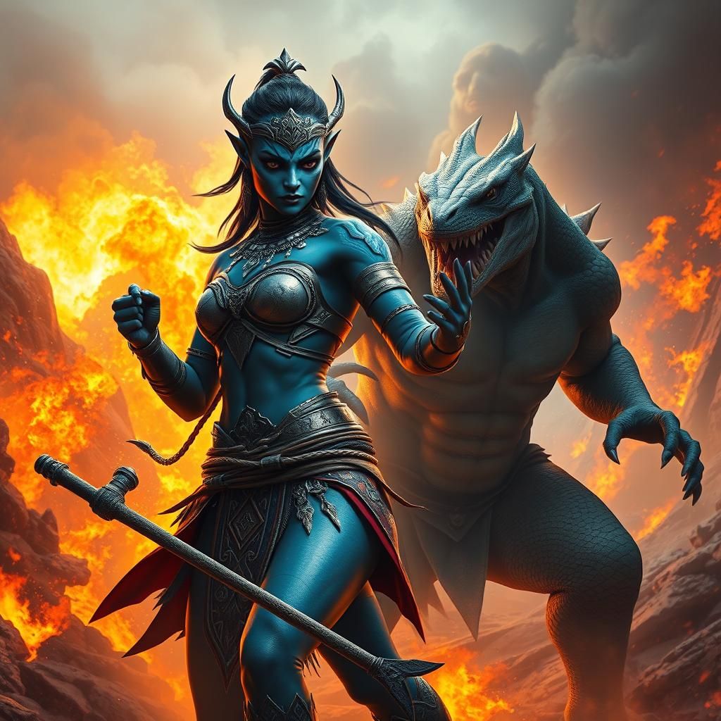 Avatar Woman Warrior vs Lizard Man in Apocalyptic Battle