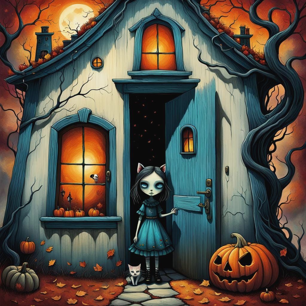 Girl and Kitten at Spooky House: Pop Surrealism