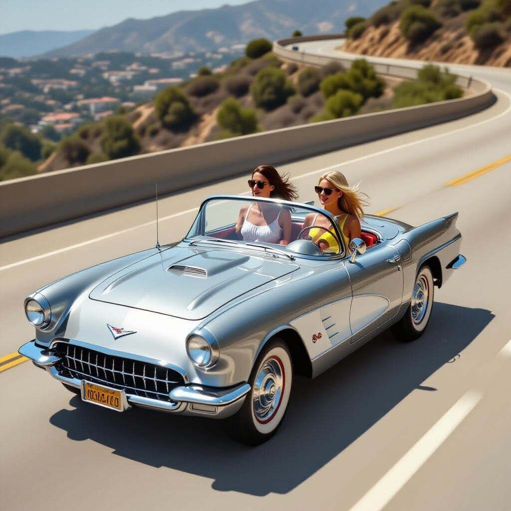 Classic Corvette on California Freeway, Photorealistic Style