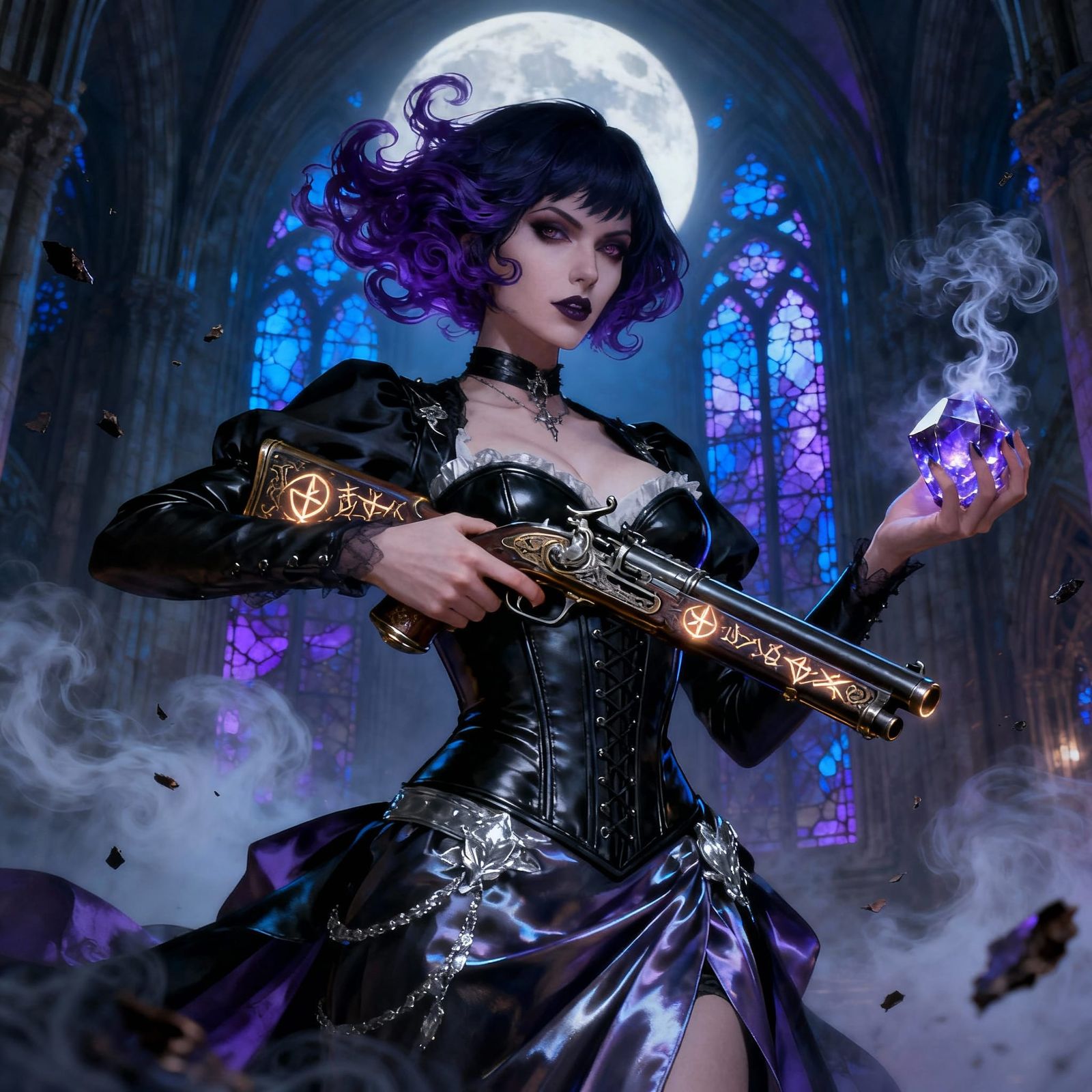 Elegant Witch Wielding Arcane Pistols in Gothic Glamour