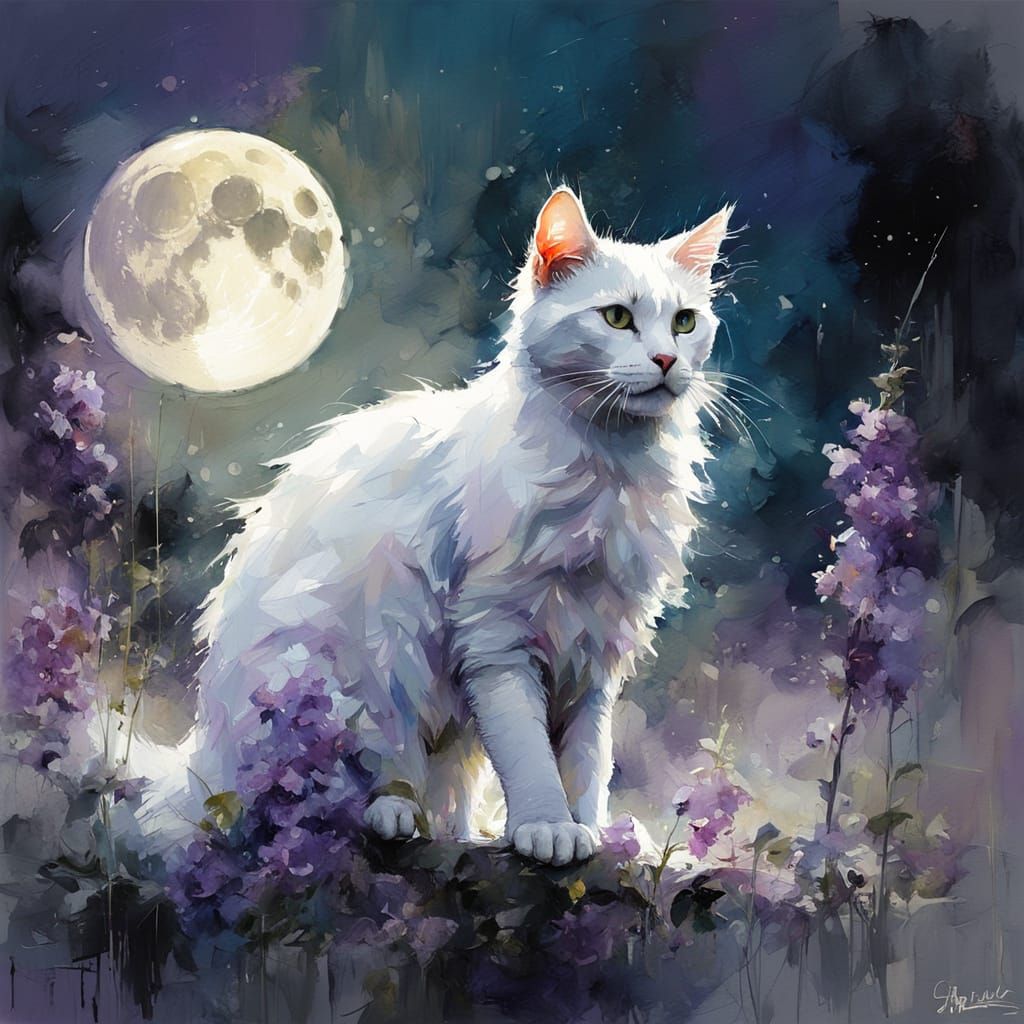 Dramatic Watercolor Cat Illuminated by Full Moon
