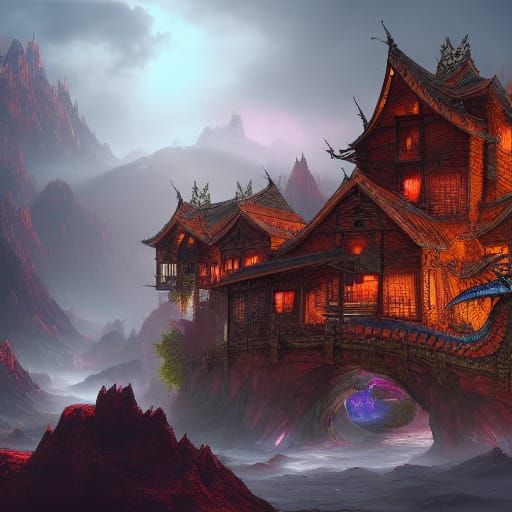 Fantastical Dragon House Matte Painting in Deep Color
