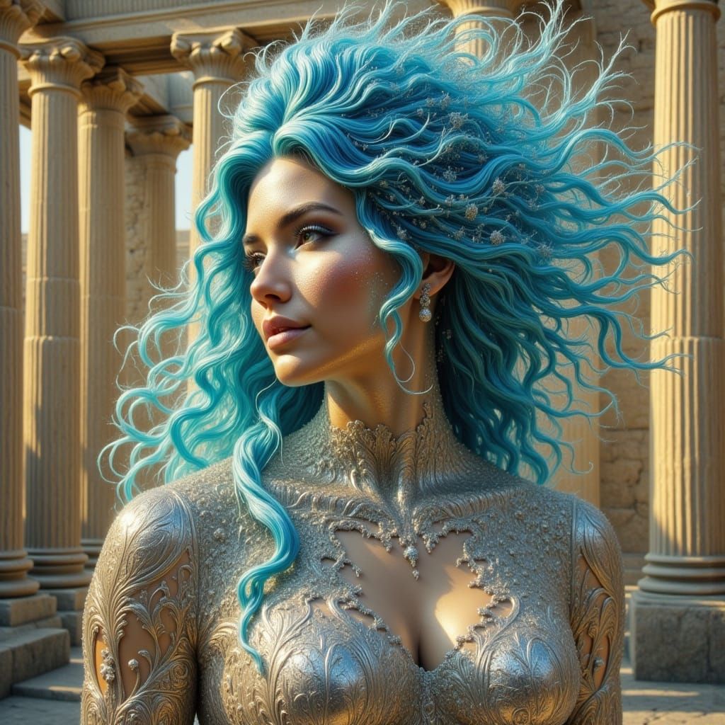 Charismatic Blue-Haired Woman in Greek Theatre
