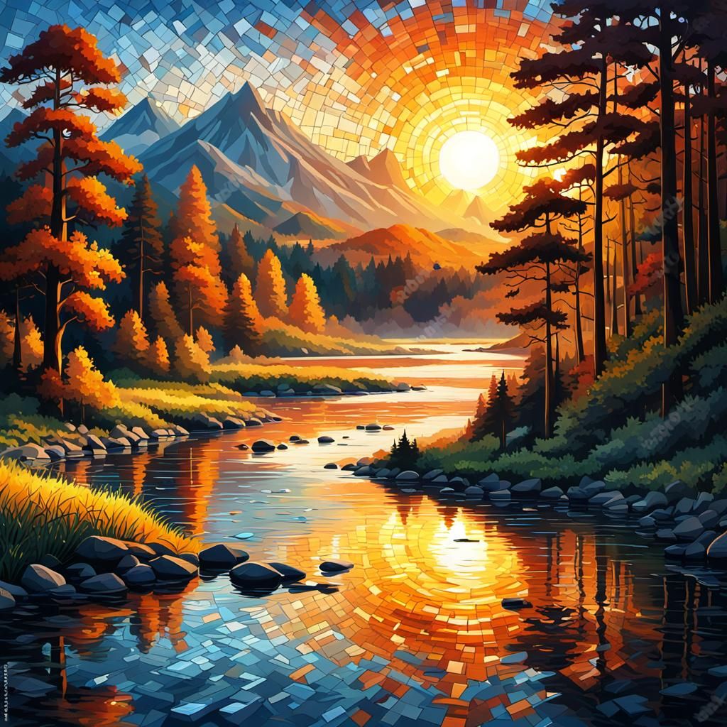 Mosaic Digital Painting of Sunrise Over River