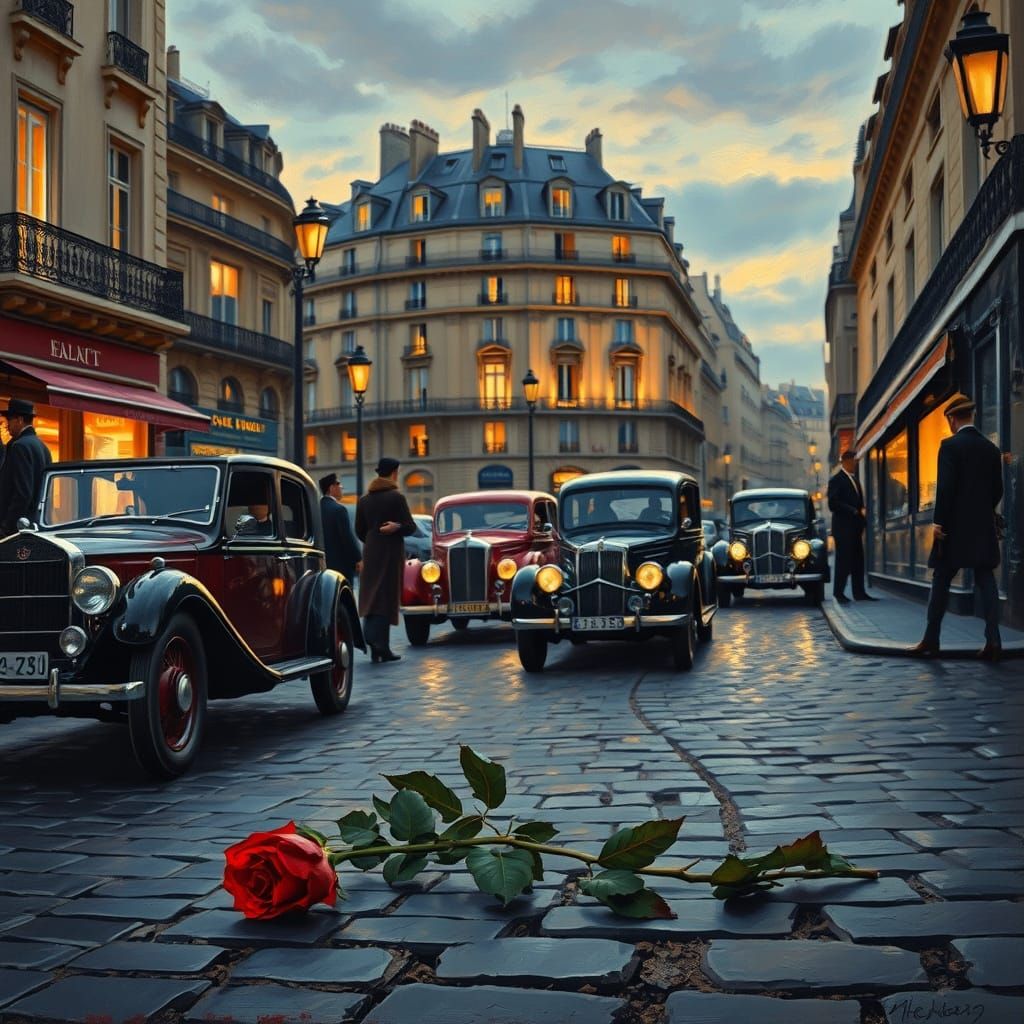 1920s Paris Dusk Scene with Red Rose and Vintage Cars