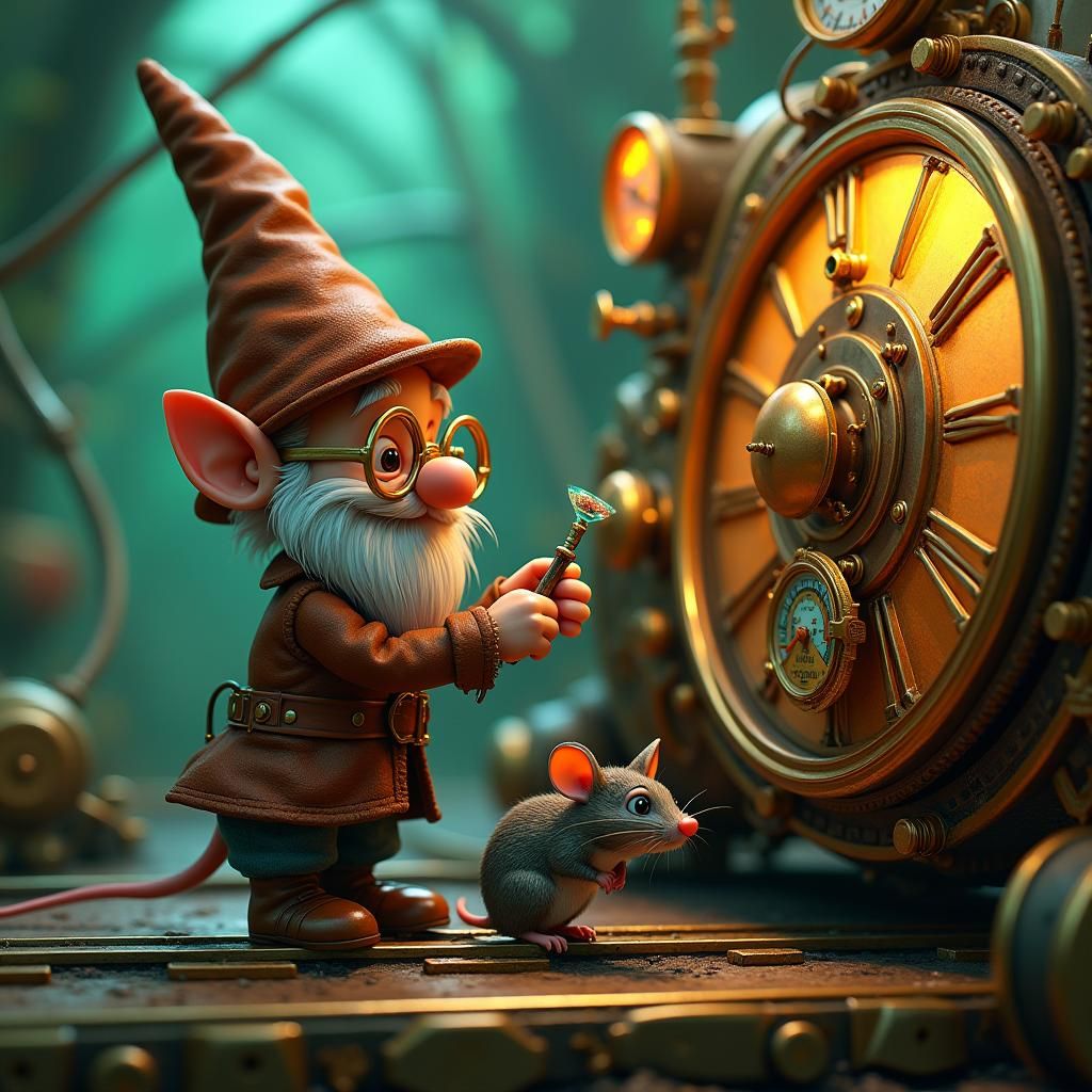 Steampunk Gnome Repairs Clockwork Train with Mouse