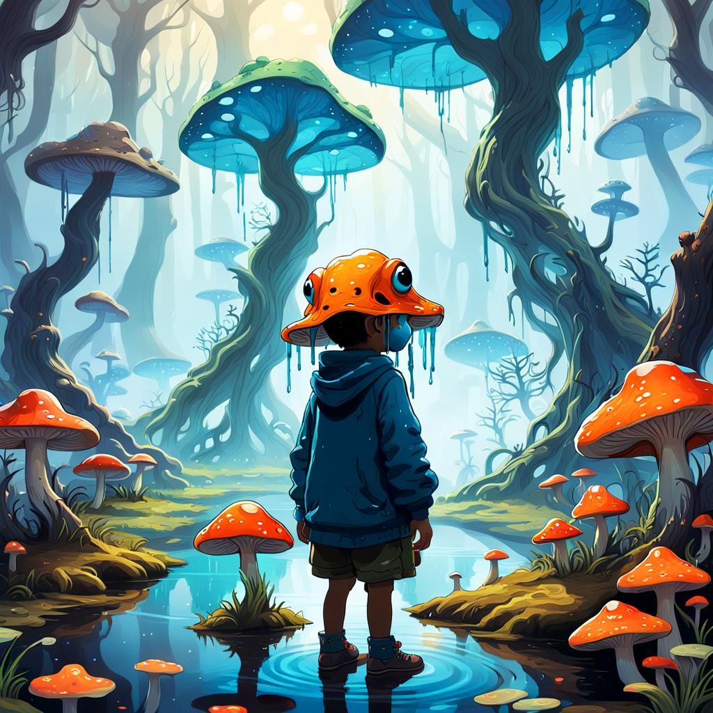 Child Encounters Mystical Pond in Dreamlike Digital Painting
