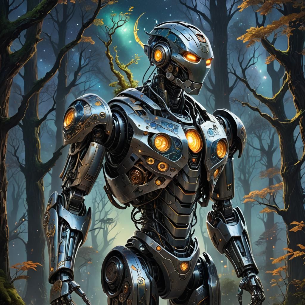 Sci-Fi Robot Guardian of Enchanted Forest Portal