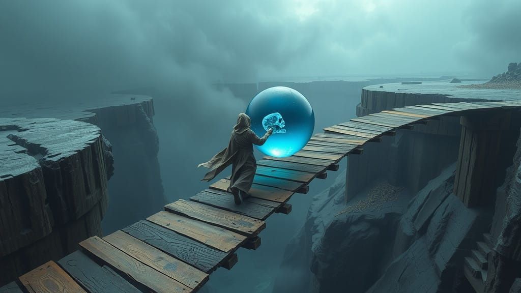 Hooded Monk Transcends the Abyss with Ethereal Blue Orb