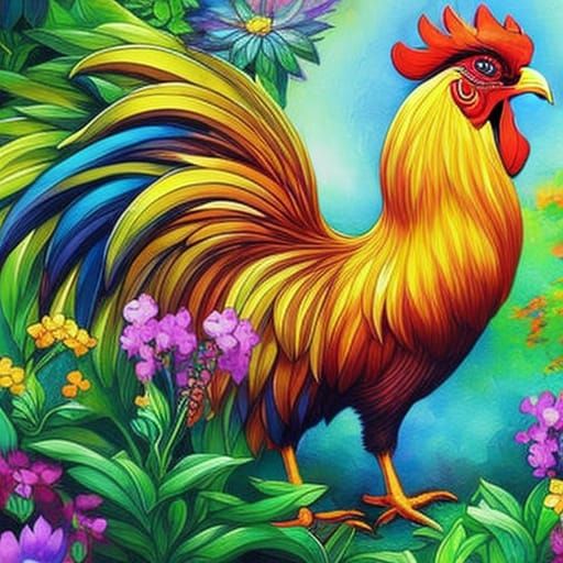 Colorful Rooster in Flower Garden, Detailed Illustration