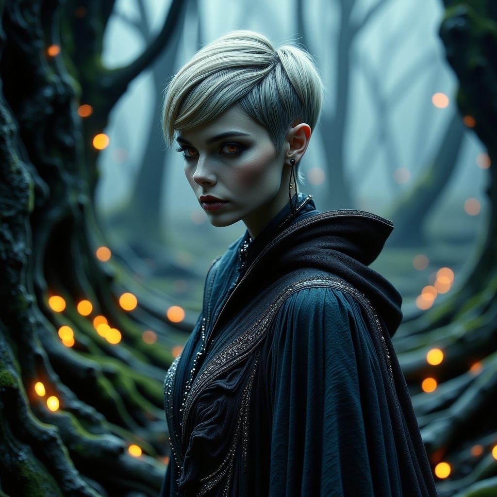 Mysterious Wood Elf Woman in Dark, Earth-Toned Cloak with Pi...