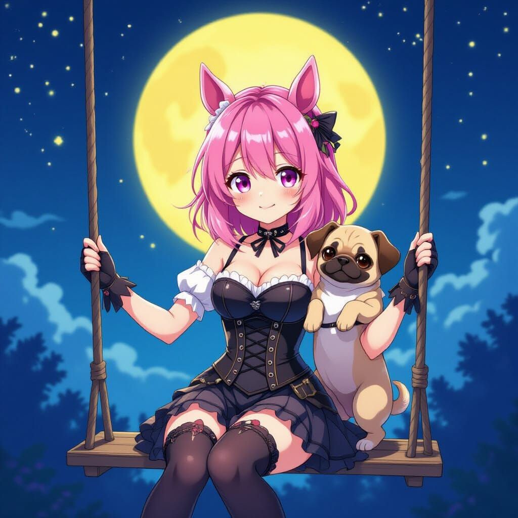 Anime Girl with Puppy under Night Sky as Cel-Shaded Art