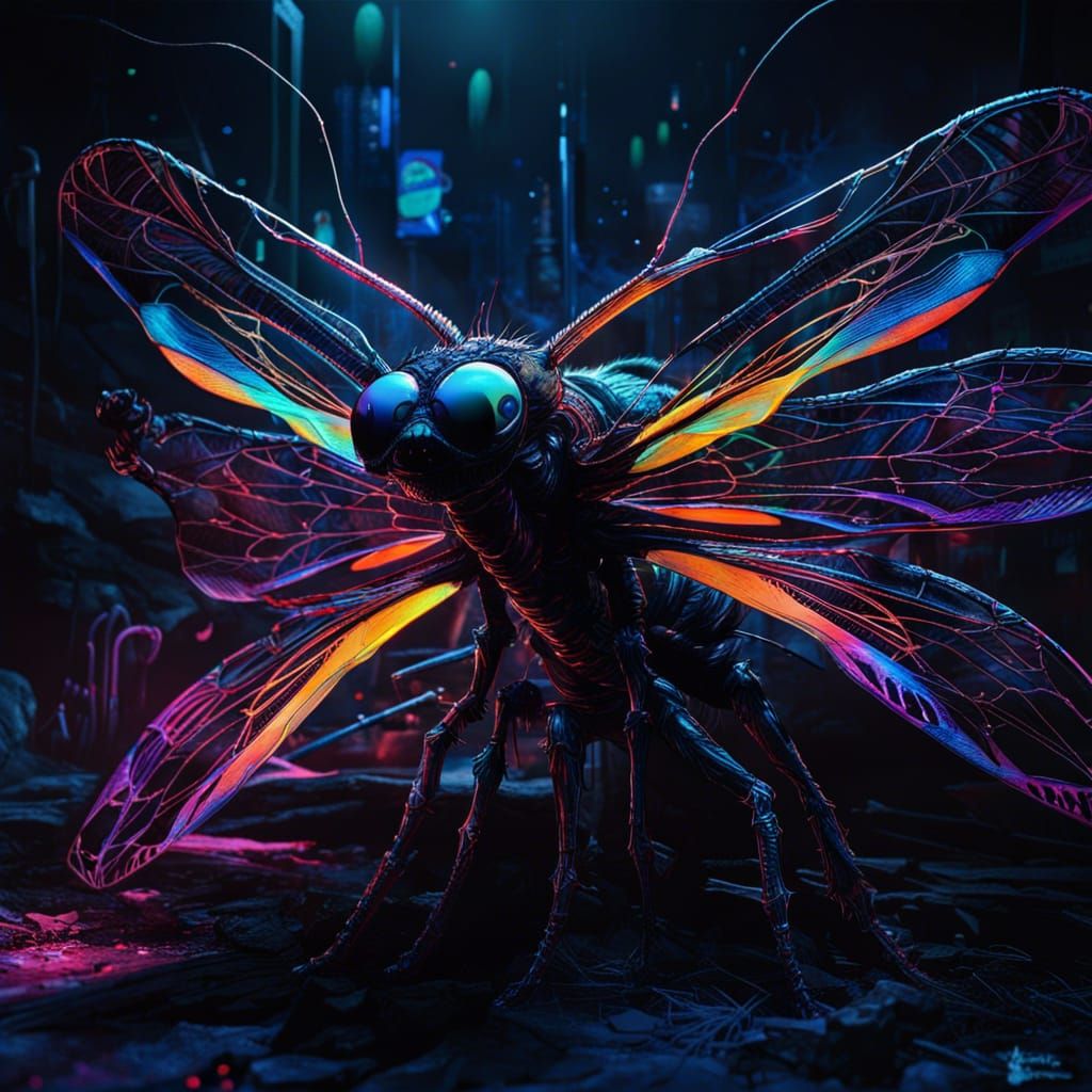 Giant Alien Dragonfly Concept Art in Black Light