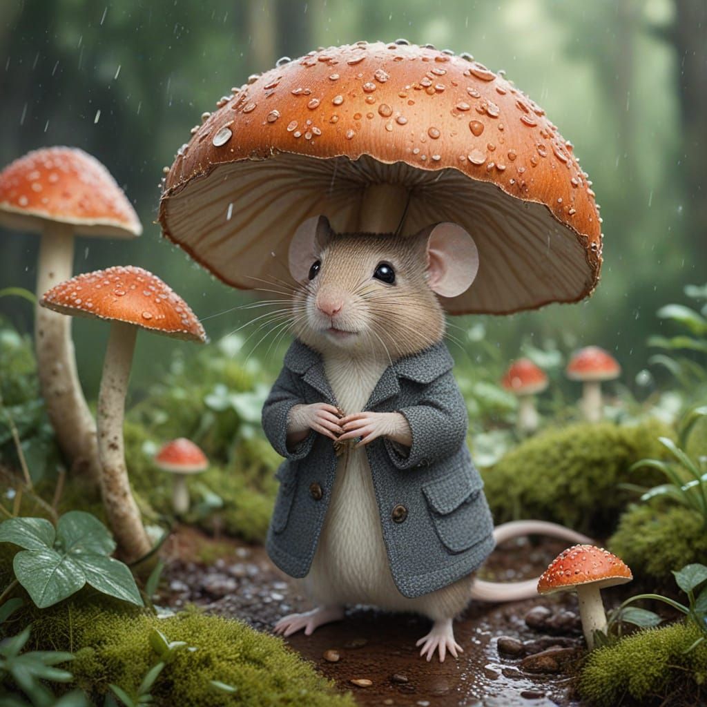 Mouse in Suit Under Mushroom, Watercolor Illustration